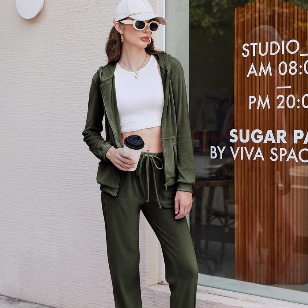 Casual Velour Tracksuit  Zipper Hoodie Velvet Sweatsuit Jogging Suit Green XL